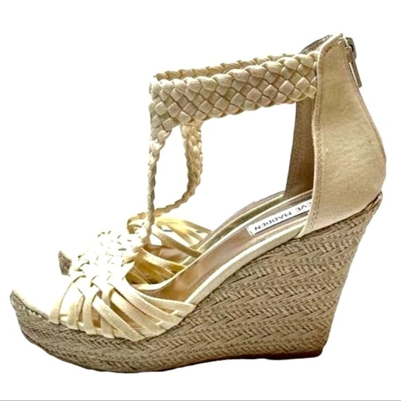 STEVE MADDEN RISE Beige cream T-trap woven Espadrille WEDGE SANDAL women size 6 - Picture 4 of 7